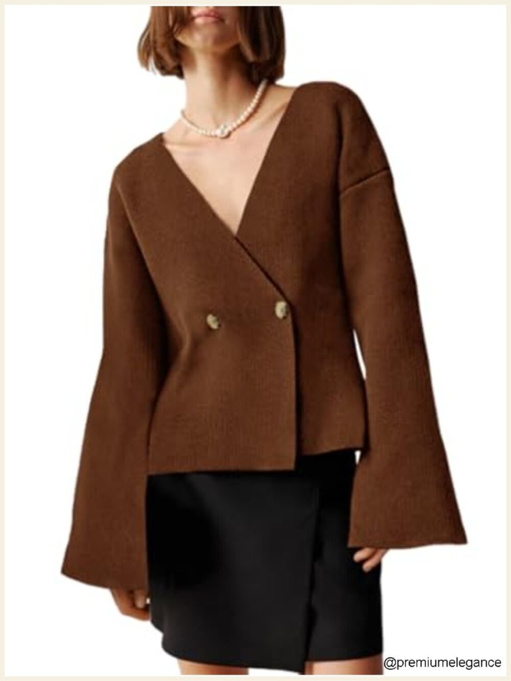 Oversized Knit Cardigan Blazer V Neck Bell Sleeve Double Breasted Women's